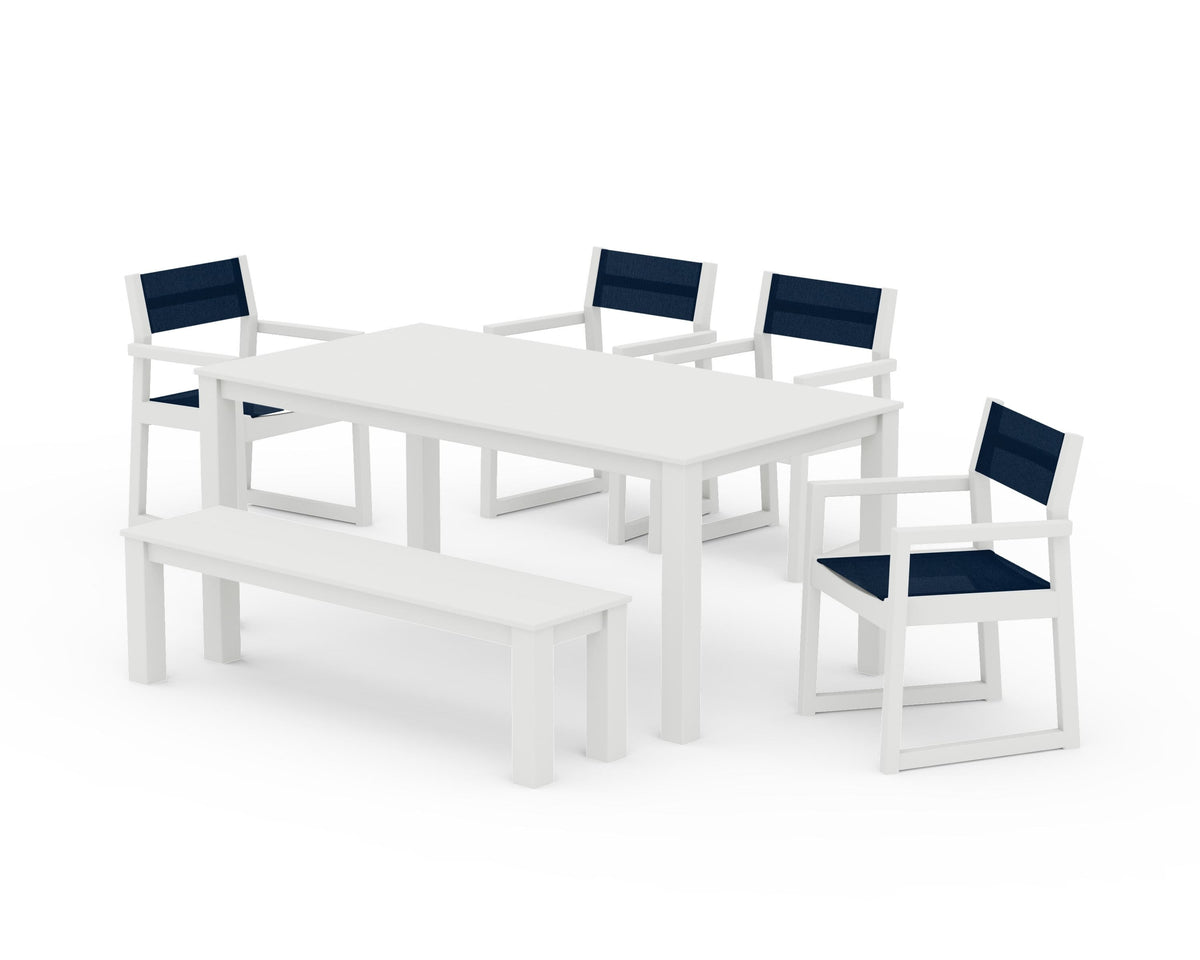 POLYWOOD EDGE Sling Arm Chair 6-Piece Parsons Dining Set with Bench in Vintage White / Navy Blue