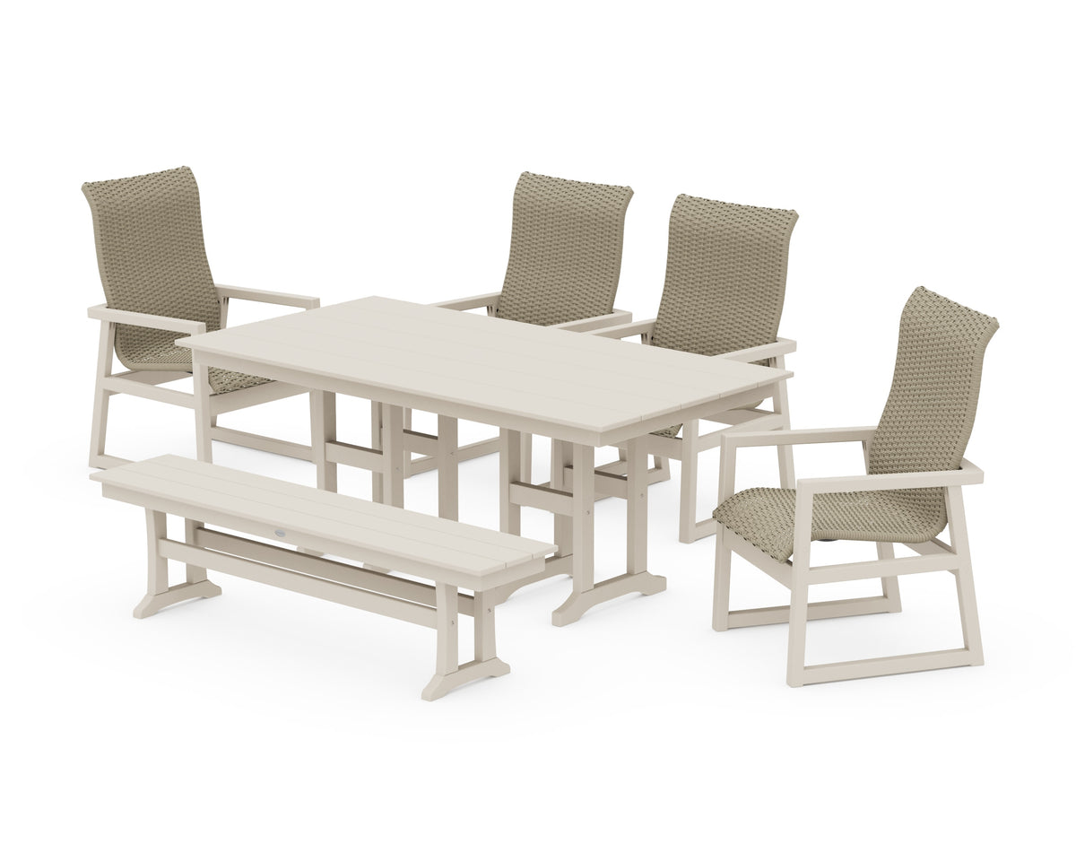POLYWOOD EDGE Woven High-Back 6-Piece Farmhouse Dining Set with Bench in Sand / Dune Grass