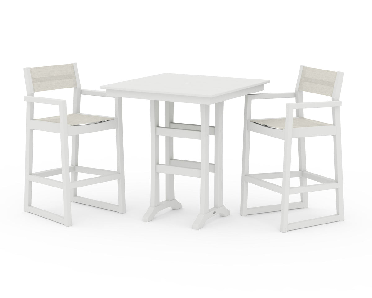 POLYWOOD EDGE Sling Arm Chair 3-Piece Farmhouse Bar Set with Trestle Legs in Vintage White / Parchment