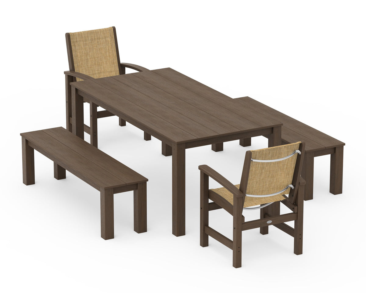 POLYWOOD Coastal 5-Piece Parsons Dining Set with Benches in Kona / Burlap