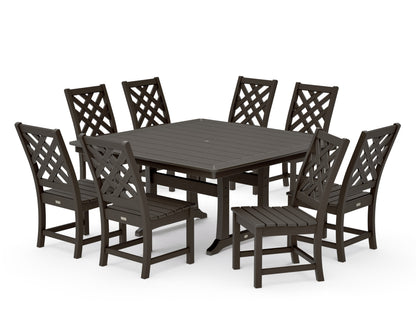 POLYWOOD Wovendale Side Chair 9-Piece Square Dining Set with Trestle Legs in Vintage Coffee