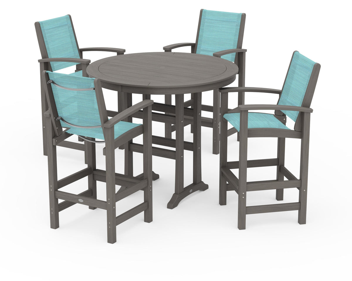 POLYWOOD Coastal 5-Piece Nautical Trestle Bar Set in Driftwood / Dupioni Aquamarine