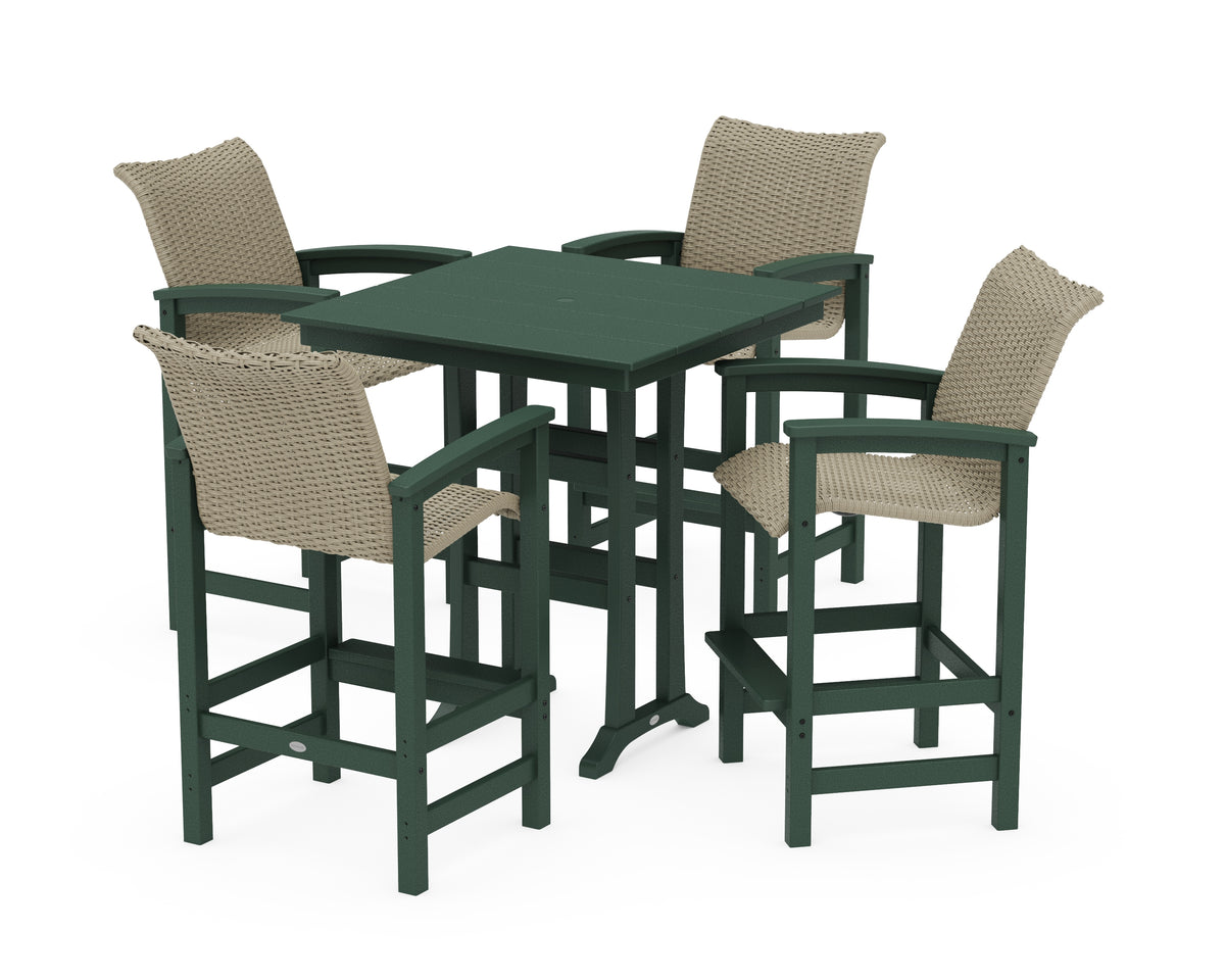 POLYWOOD Coastal Woven 5-Piece Farmhouse Bar Set with Trestle Legs in Green / Dune Grass
