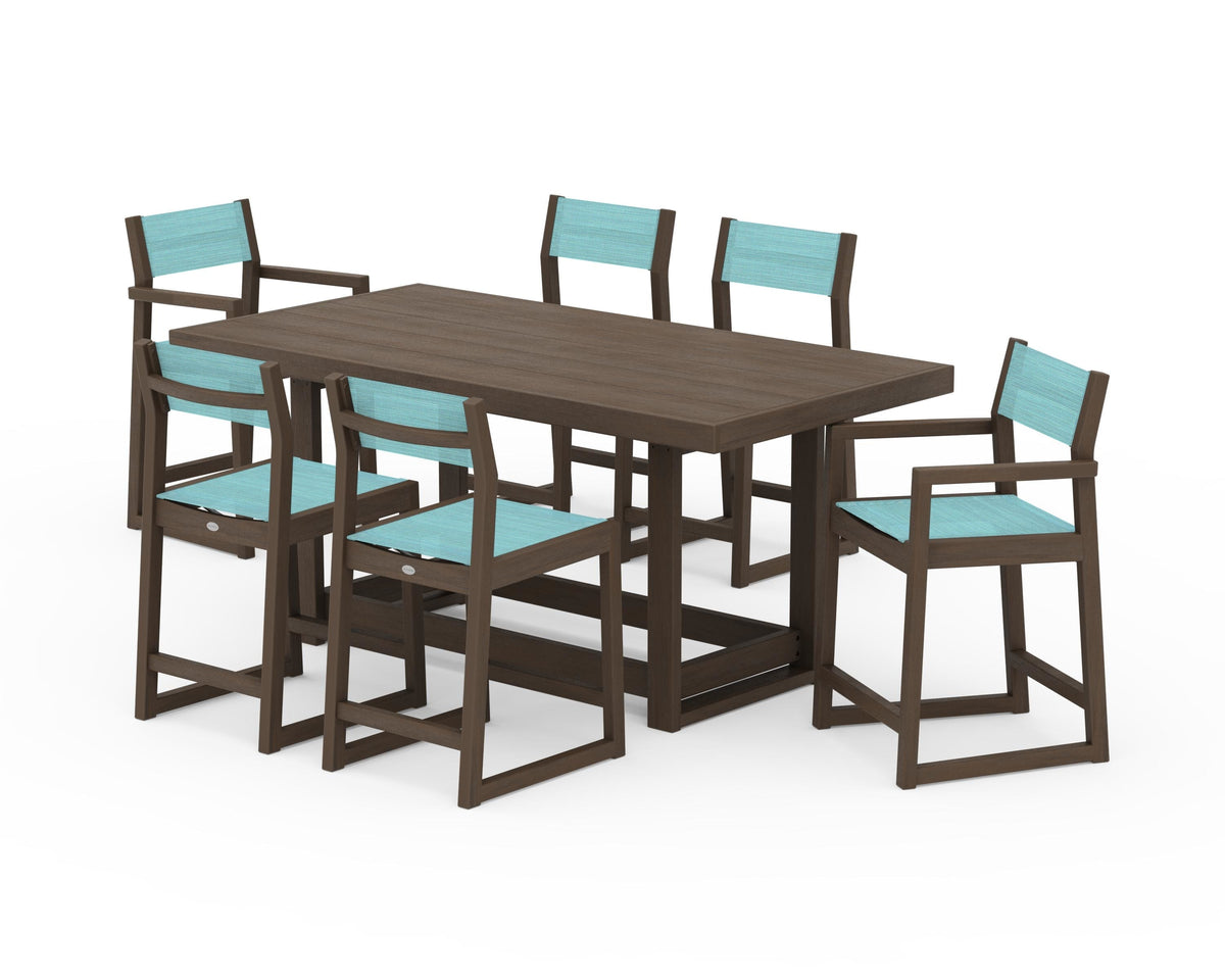 POLYWOOD EDGE Sling 7-Piece Counter Table Set in Kona / Dupioni Aquamarine