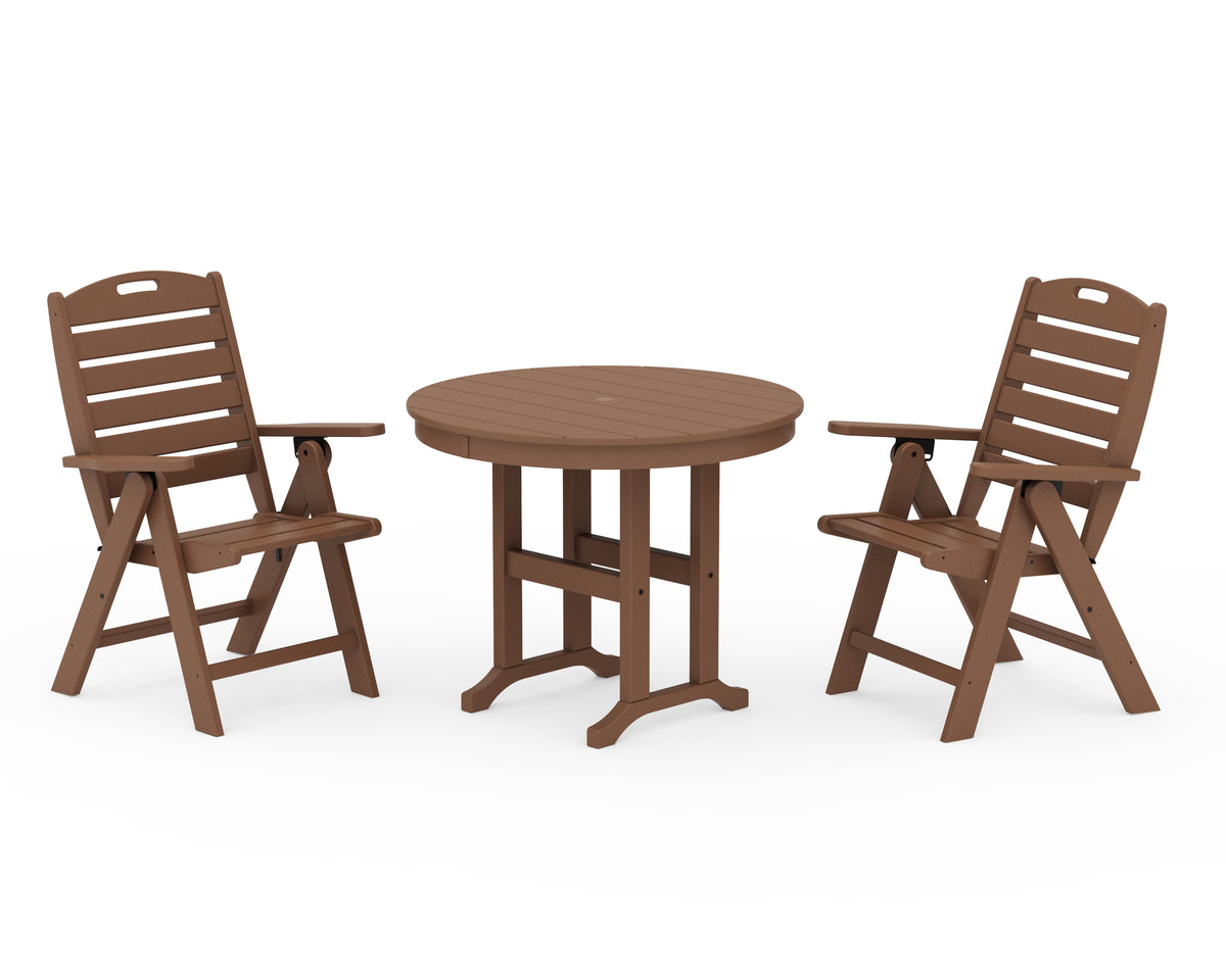 POLYWOOD Nautical Folding Highback Chair 3-Piece Round Dining Set in Teak