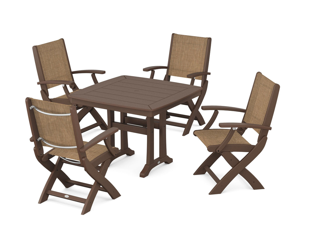 POLYWOOD Coastal Folding Chair 5-Piece Dining Set with Trestle Legs in Mahogany / Burlap