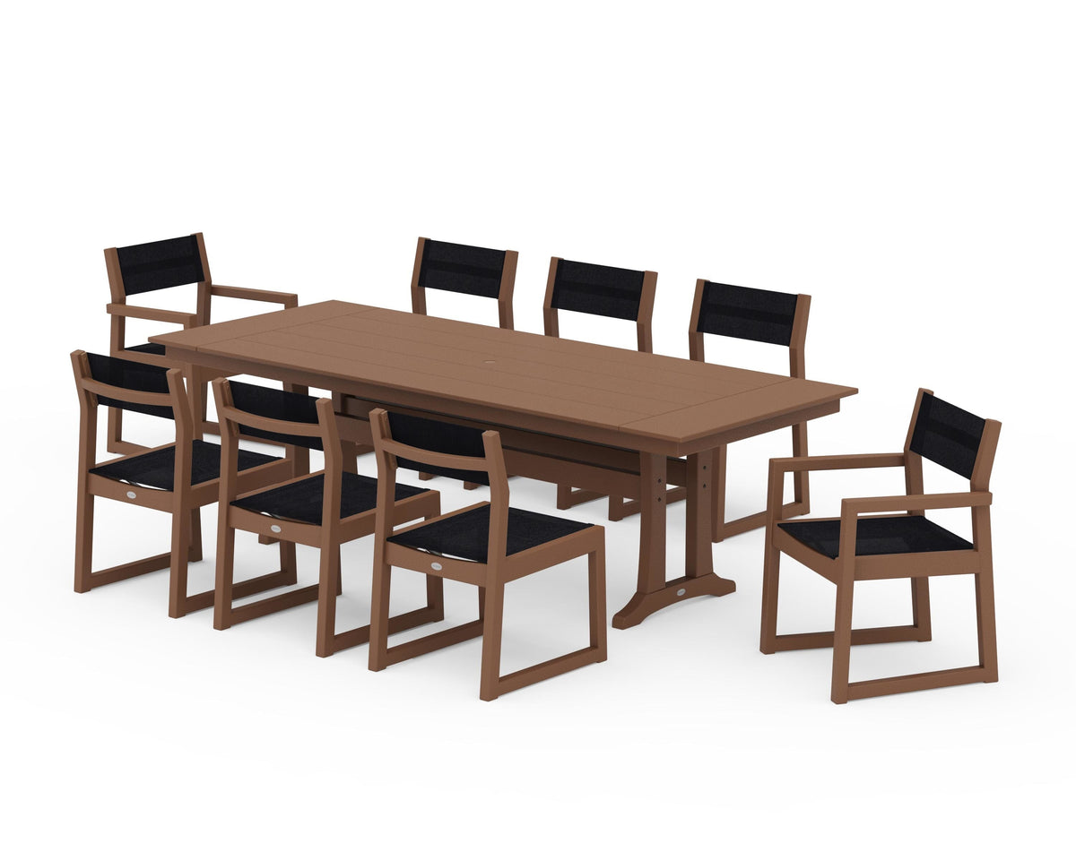 POLYWOOD EDGE Sling 9-Piece Farmhouse Trestle Dining Set in Teak / Black
