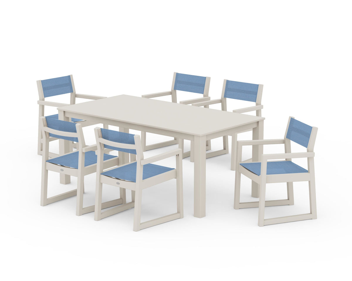 POLYWOOD EDGE Sling Arm Chair 7-Piece Parsons Dining Set in Sand / Poolside