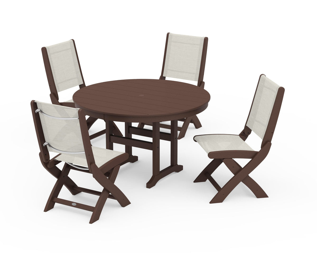 POLYWOOD Coastal Folding Side Chair 5-Piece Round Dining Set in Mahogany / Parchment