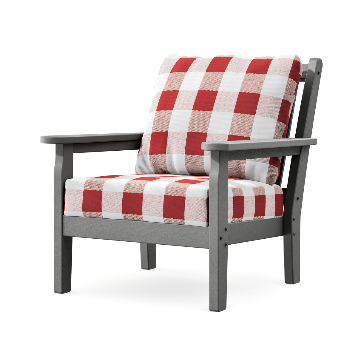 POLYWOOD Chippendale Deep Seating Chair in Slate Grey / Buffalo Plaid Crimson