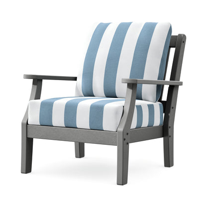 POLYWOOD Chinoiserie Deep Seating Chair in Slate Grey / Cabana Stripe Sky Blue