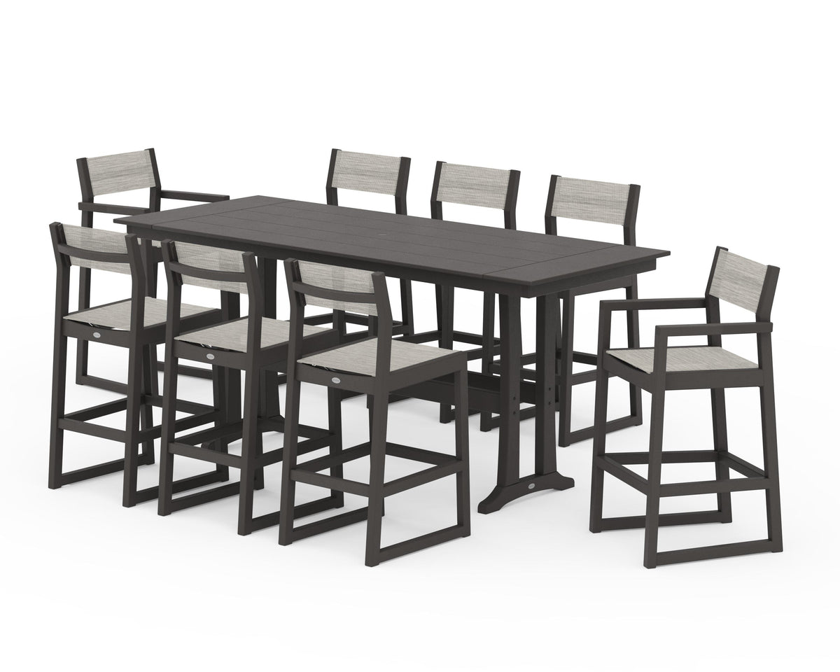 POLYWOOD EDGE Sling 9-Piece Farmhouse Bar Set with Trestle Legs in Vintage Coffee / Birch