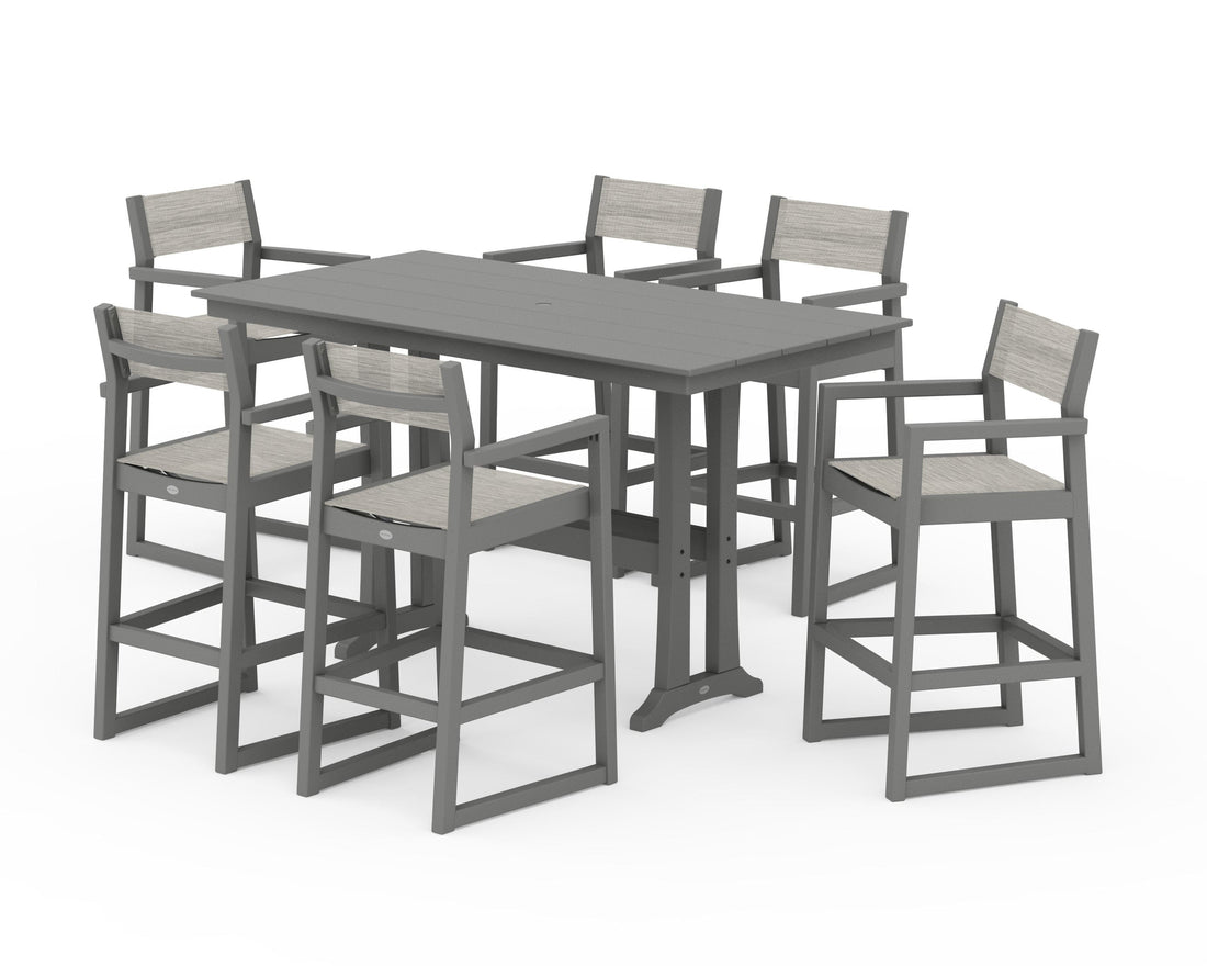 POLYWOOD EDGE Sling Arm Chair 7-Piece Farmhouse Bar Set with Trestle Legs in Slate Grey / Birch