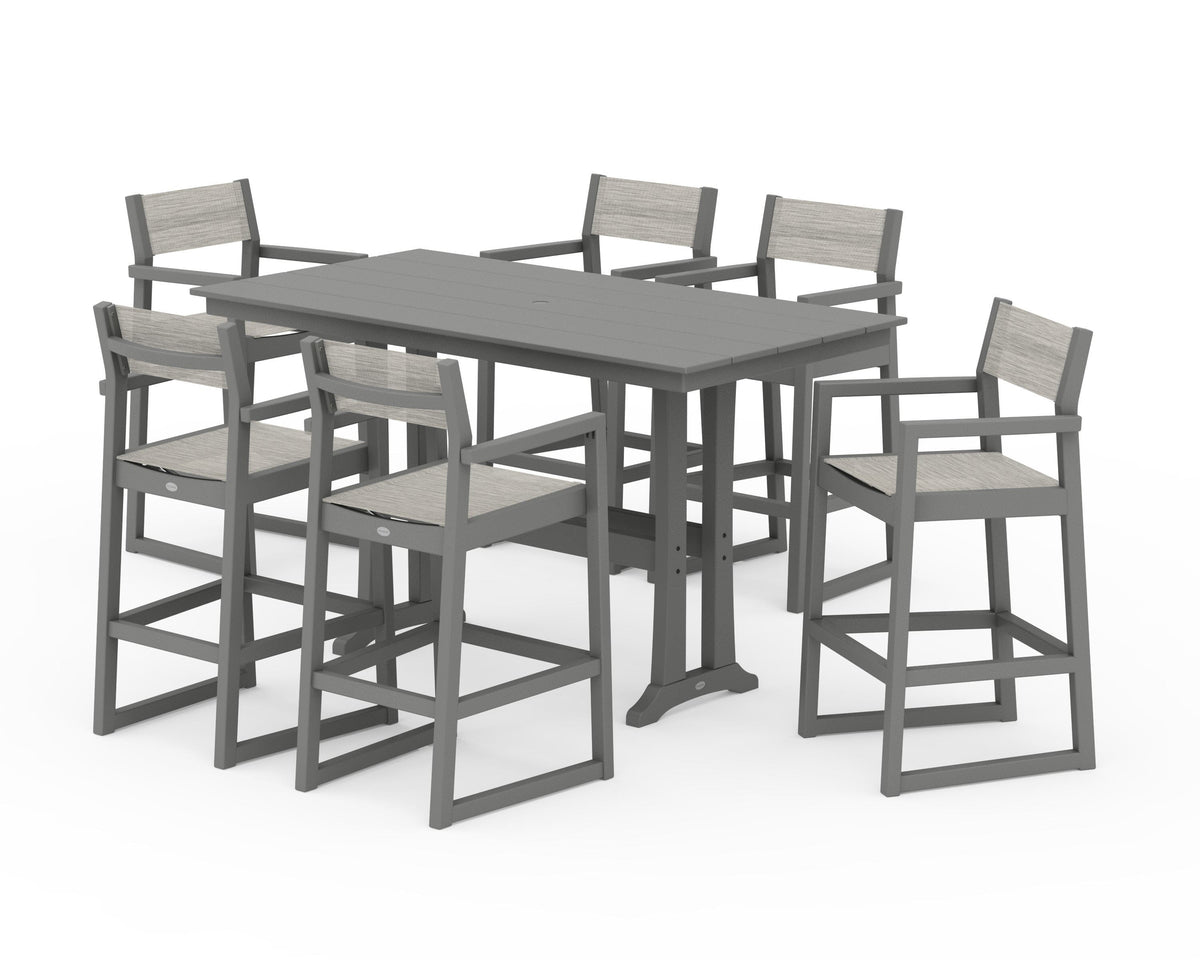 POLYWOOD EDGE Sling Arm Chair 7-Piece Farmhouse Bar Set with Trestle Legs in Slate Grey / Birch