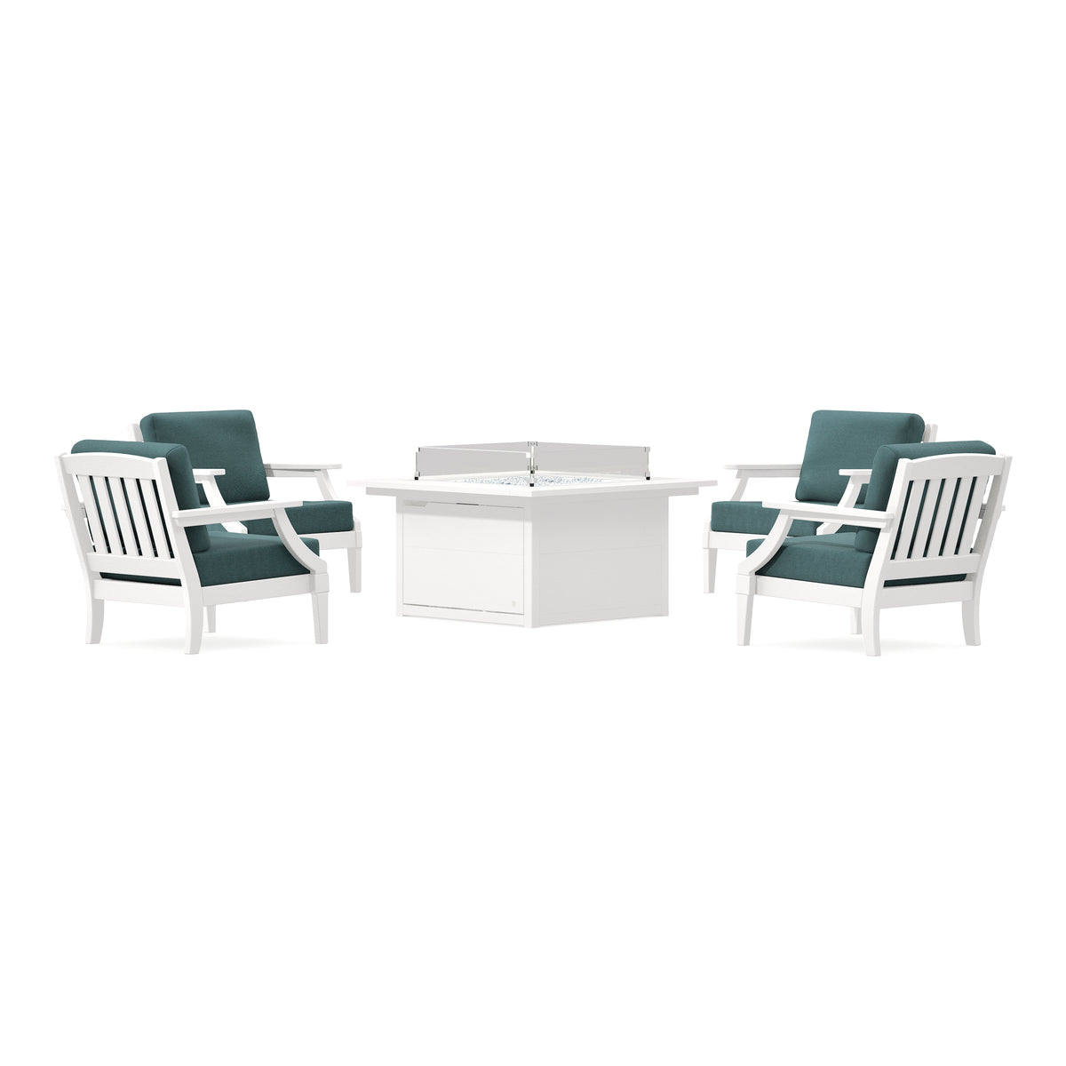 POLYWOOD PW Designer Series Estate 5-Piece Lounge Fire Table Set in Vintage White / Ocean Teal