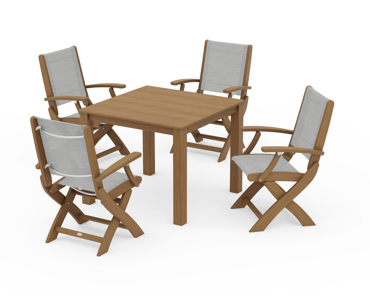 POLYWOOD Coastal Folding Chair 5-Piece Parsons Dining Set in Natural / Metallic