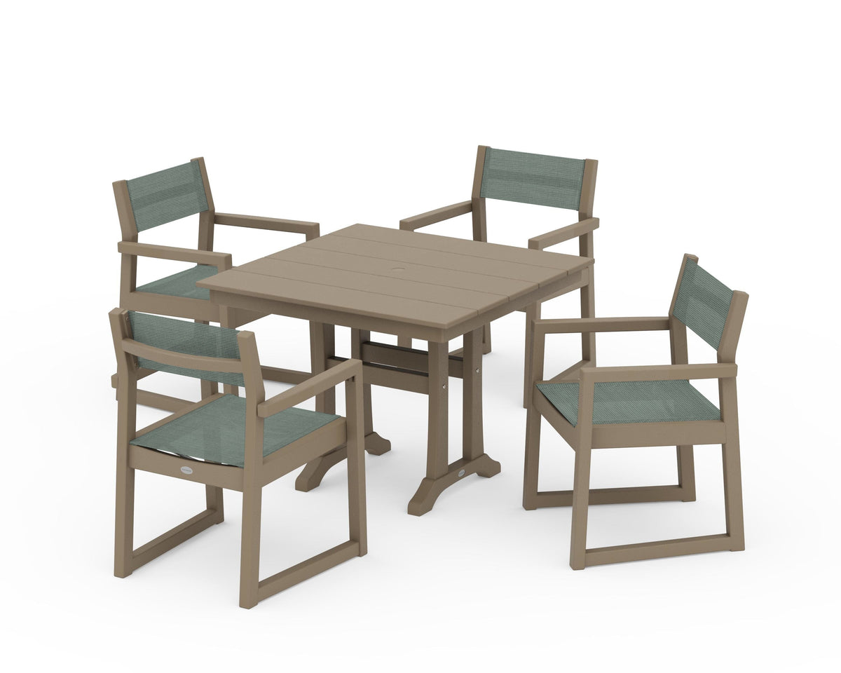 POLYWOOD EDGE Sling 5-Piece Farmhouse Dining Set with Trestle Legs in Vintage Sahara / Dupioni Sea Mist