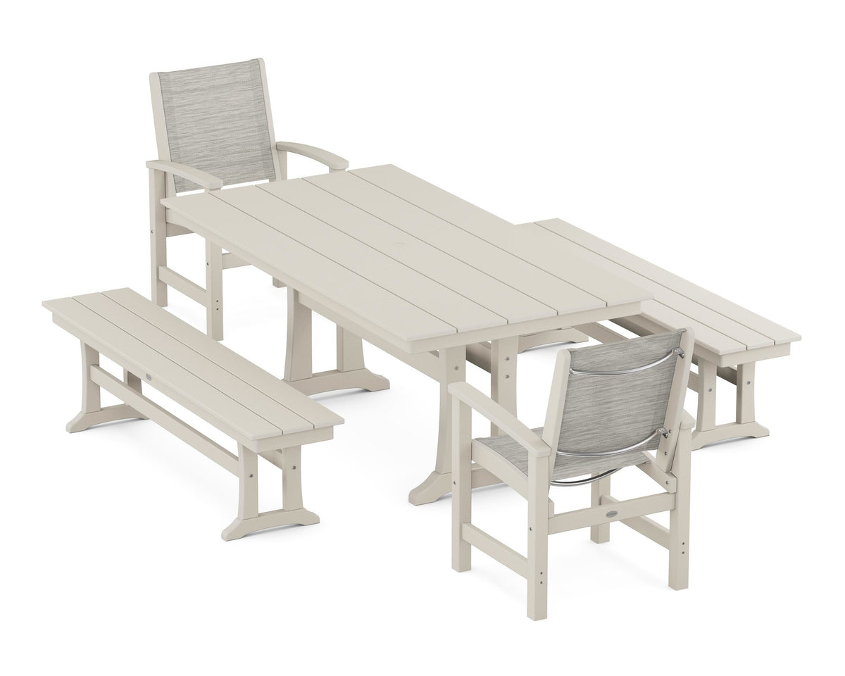 POLYWOOD Coastal 5-Piece Farmhouse Dining Set with Trestle Legs and Benches in Sand / Birch