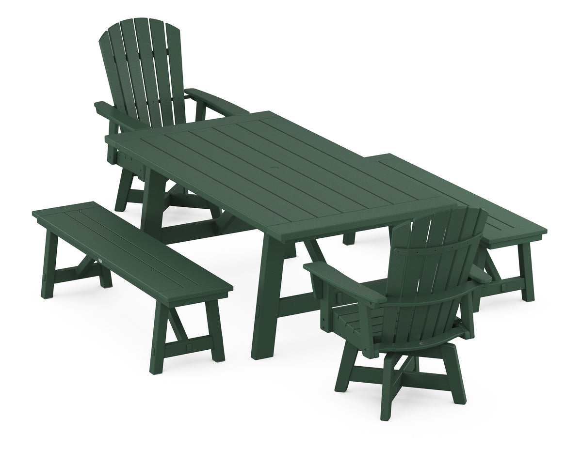 POLYWOOD Nautical Curveback Adirondack Swivel Chair 5-Piece Rustic Farmhouse Dining Set with Benches in Green