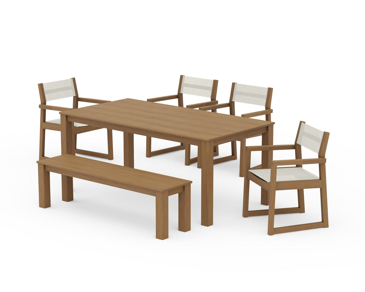 POLYWOOD EDGE Sling Arm Chair 6-Piece Parsons Dining Set with Bench in Natural / Parchment