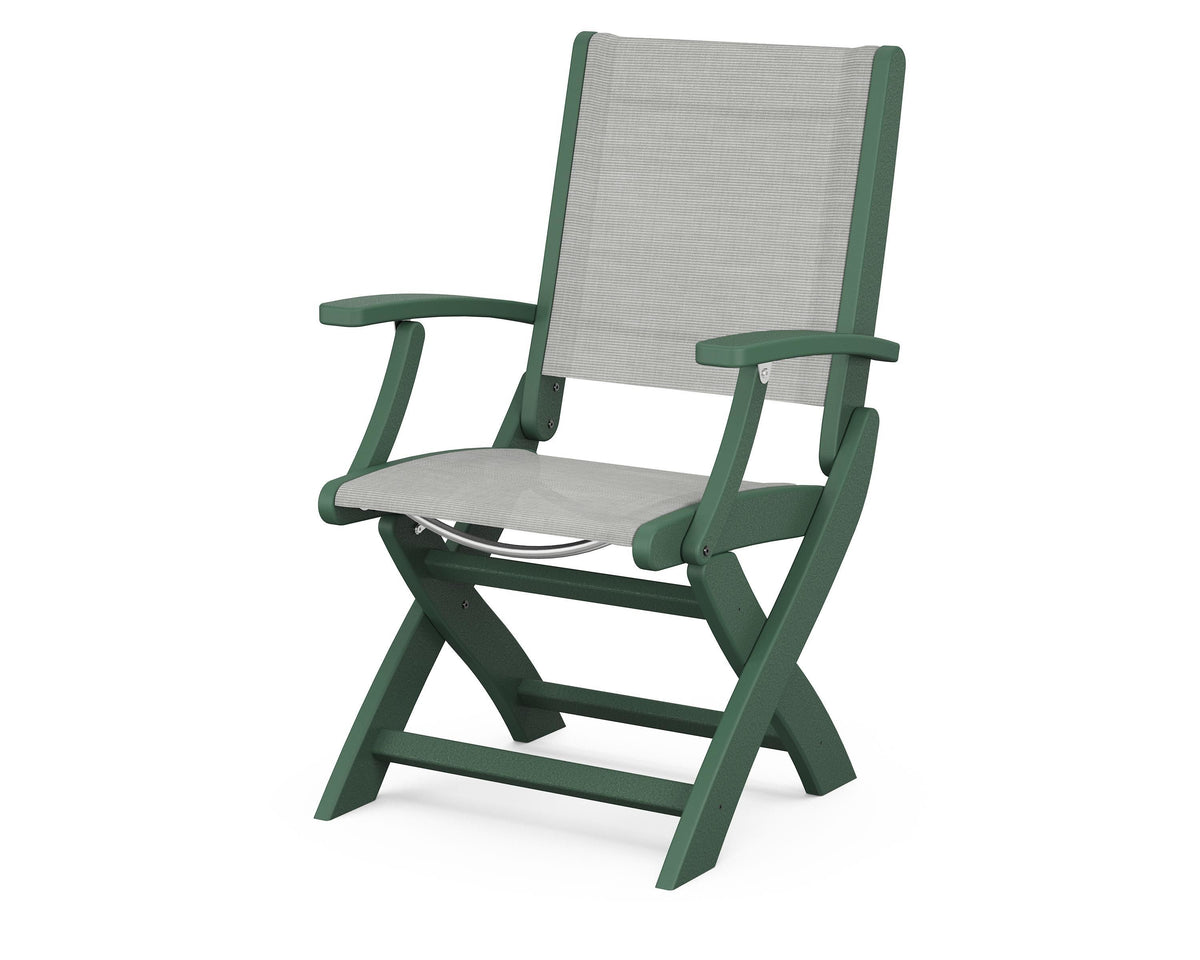 POLYWOOD Coastal Folding Chair in Green with Green arms and Metallic sling