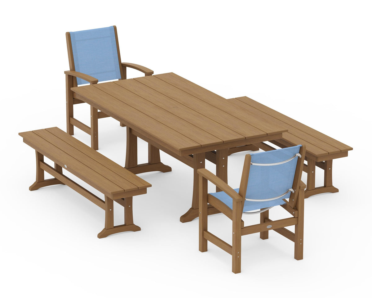 POLYWOOD Coastal 5-Piece Farmhouse Dining Set with Trestle Legs and Benches in Natural / Poolside