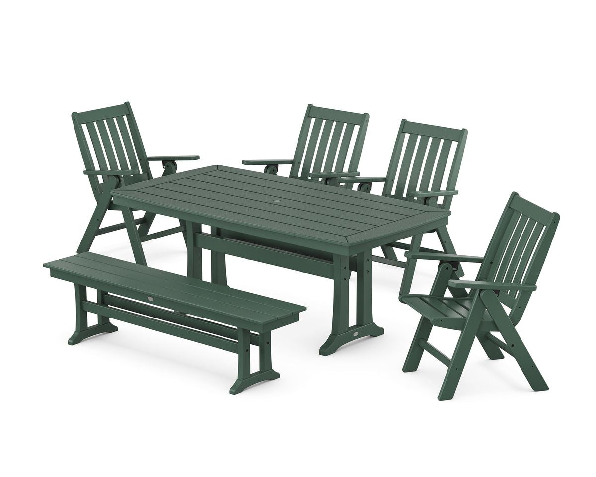 POLYWOOD Vineyard Folding Chair 6-Piece Dining Set with Trestle Legs and Bench in Green