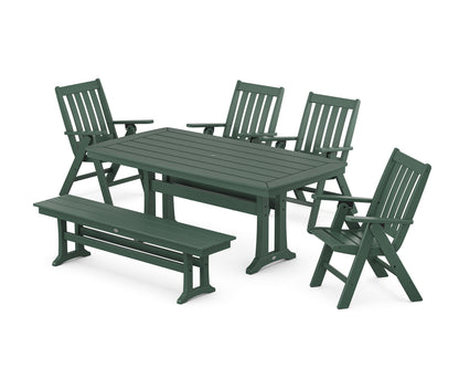 POLYWOOD Vineyard Folding Chair 6-Piece Dining Set with Trestle Legs and Bench in Green