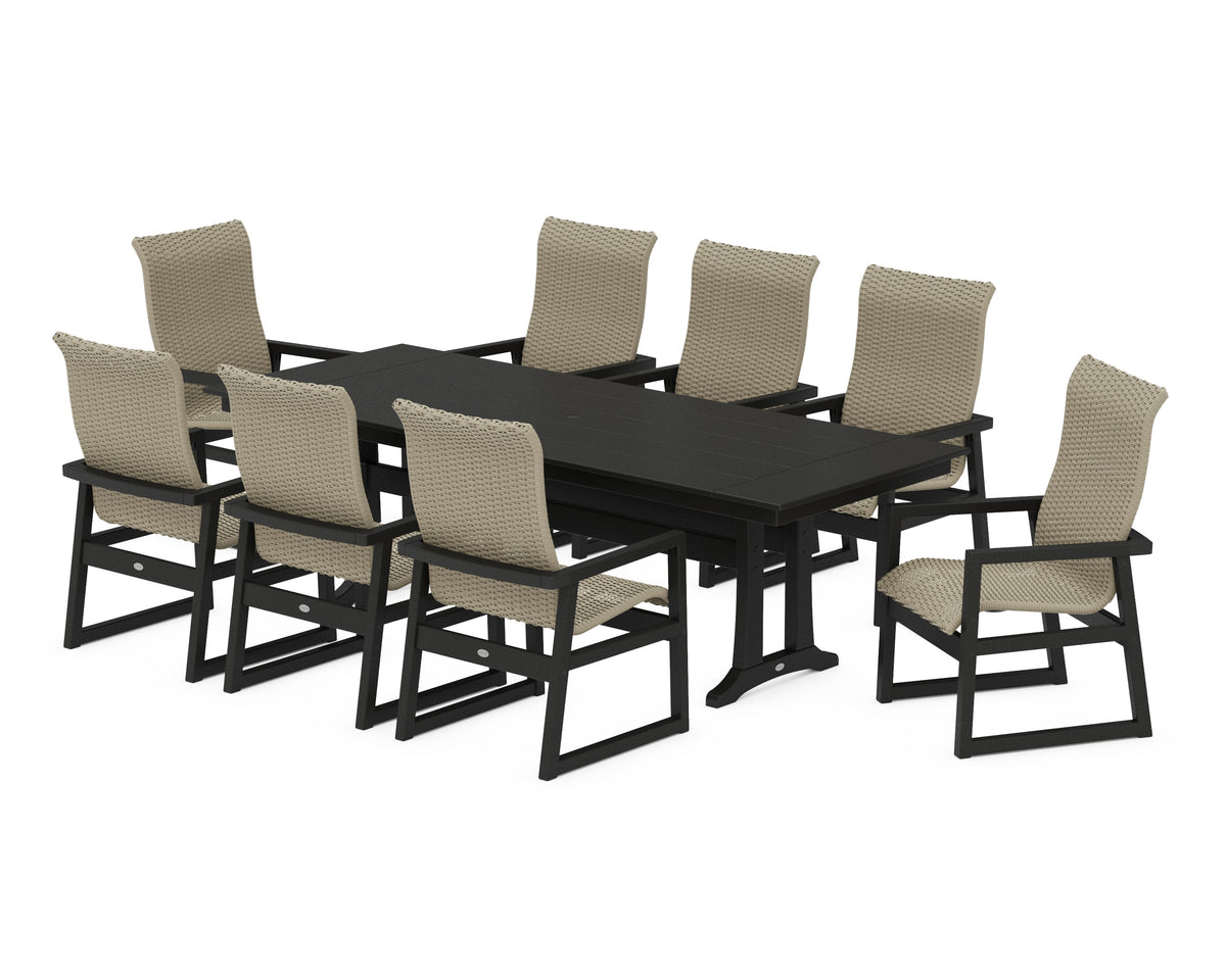 POLYWOOD EDGE Woven High-Back 9-Piece Farmhouse Dining Set with Trestle Legs in Black / Dune Grass