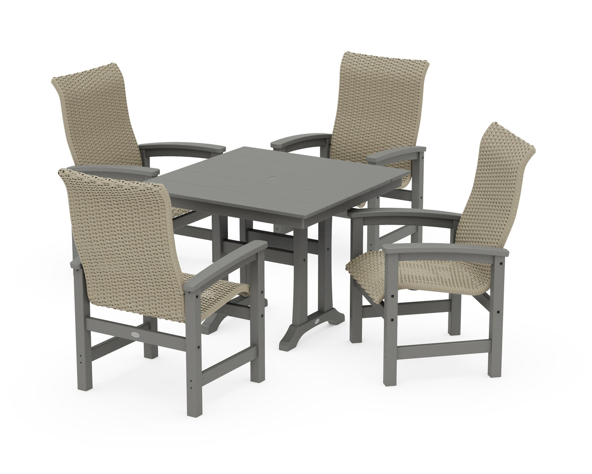 POLYWOOD Coastal Woven High-Back 5-Piece Farmhouse Dining Set with Trestle Legs in Slate Grey / Dune Grass