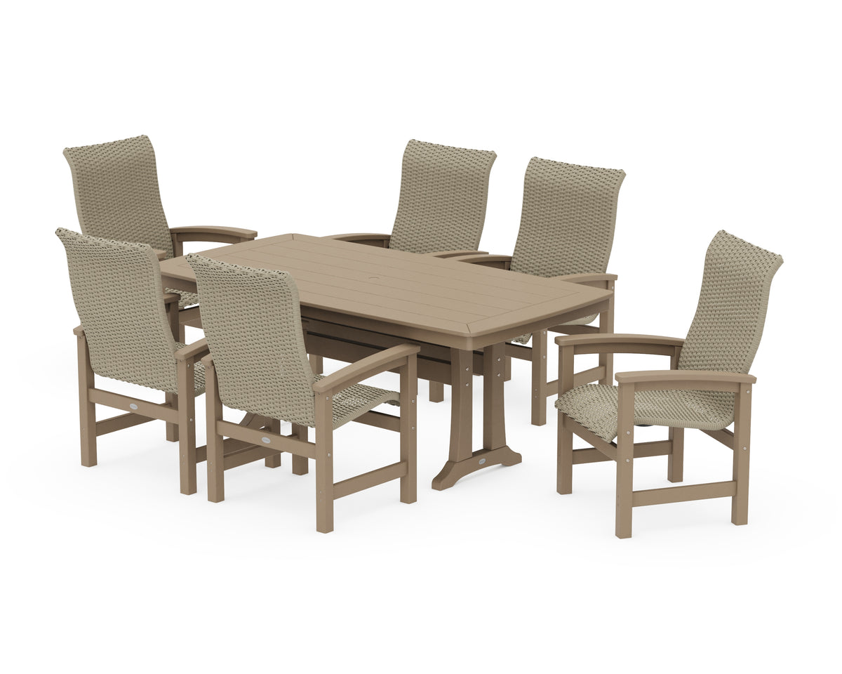 POLYWOOD Coastal Woven High-Back Arm Chair 7-Piece Dining Set with Trestle Legs in Vintage Sahara / Dune Grass