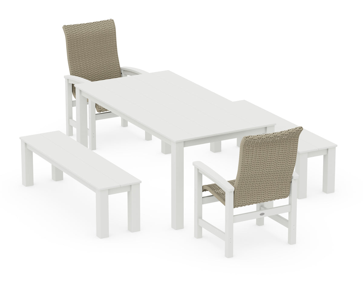 POLYWOOD Coastal Woven High-Back 5-Piece Parsons Dining Set with Benches in White / Dune Grass