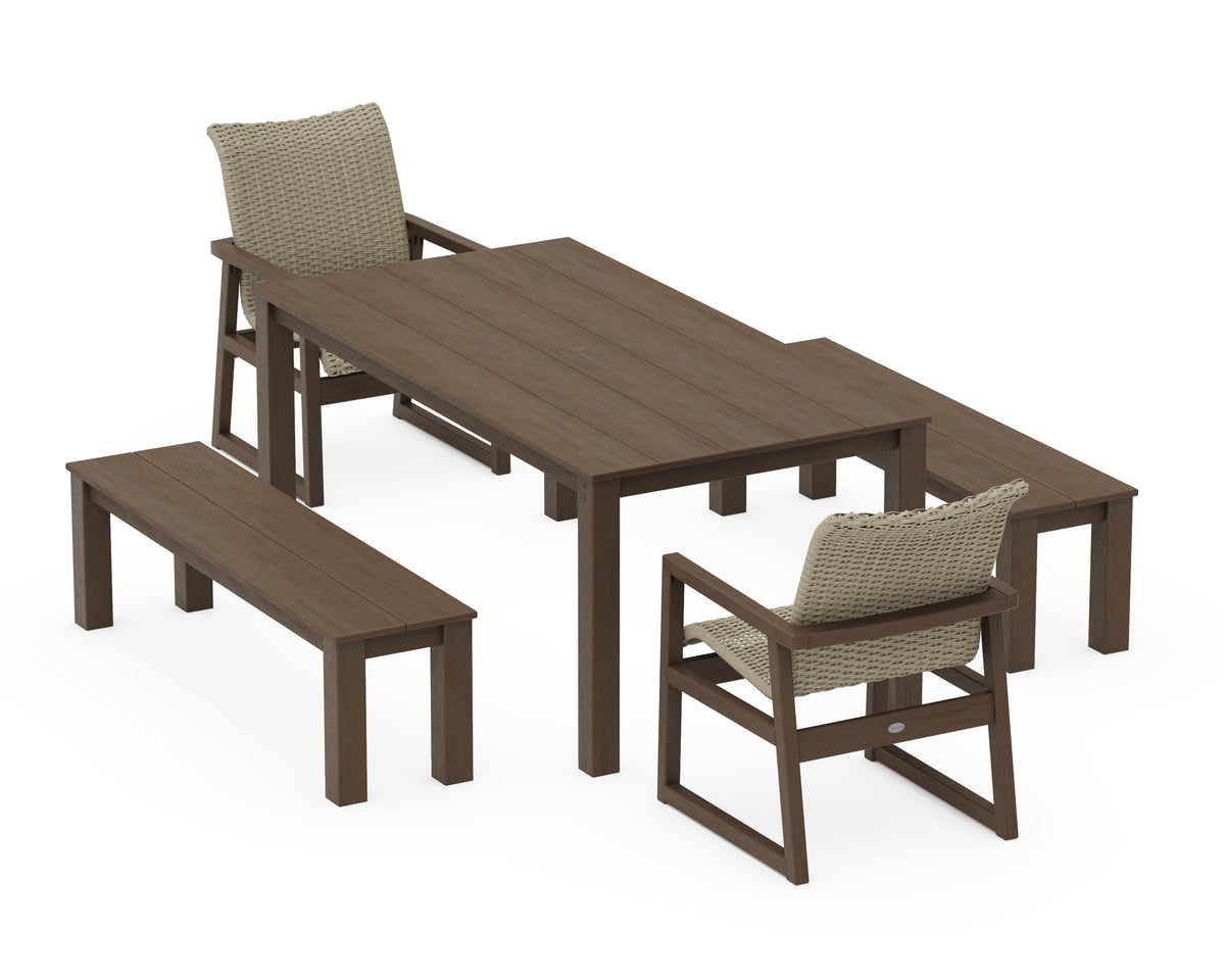 POLYWOOD EDGE Woven 5-Piece Parsons Dining Set with Benches in Kona / Dune Grass