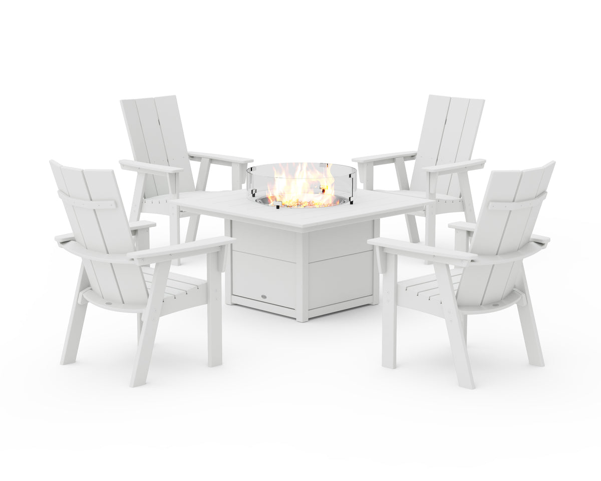 POLYWOOD Modern 4-Piece Curveback Upright Adirondack Conversation Set with Fire Pit Table in White
