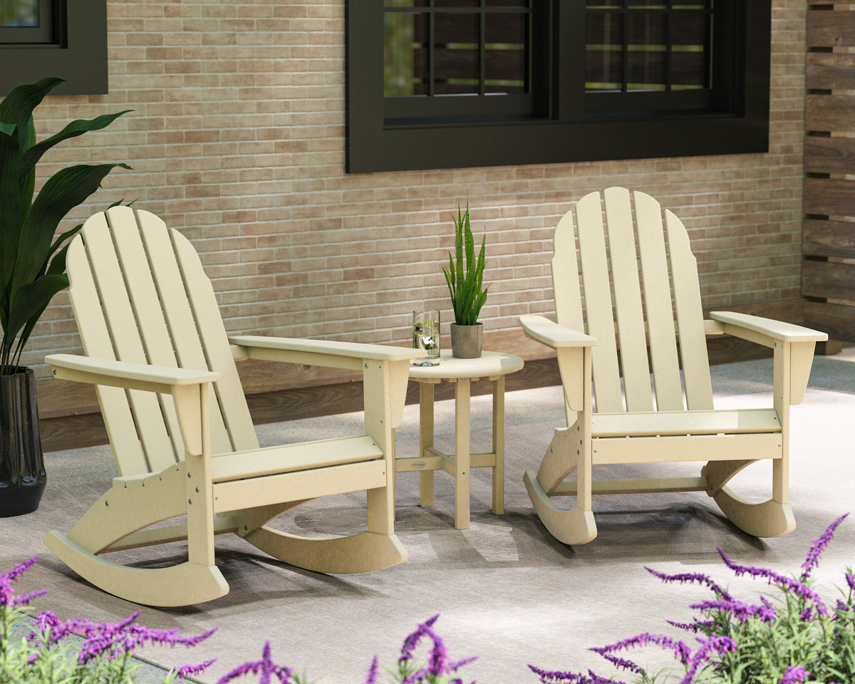 POLYWOOD Vineyard 3-Piece Adirondack Rocking Chair Set with 18" Round Table in Sand styled outdoors
