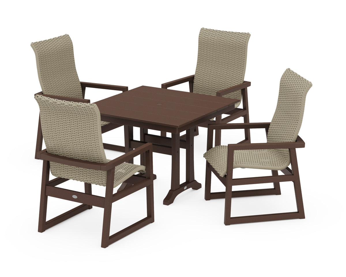 POLYWOOD EDGE Woven High-Back 5-Piece Farmhouse Dining Set with Trestle Legs in Mahogany / Dune Grass