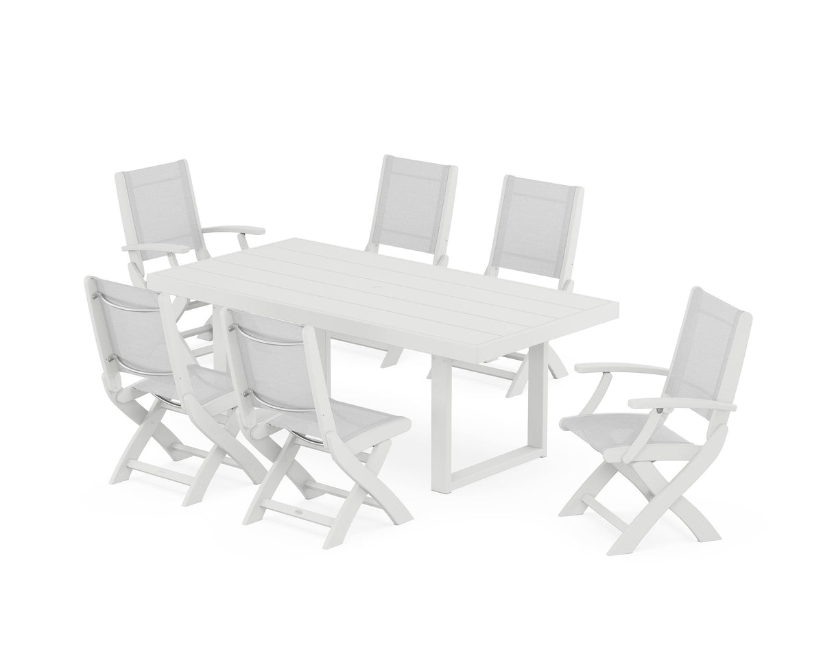 POLYWOOD Coastal Folding Chair 7-Piece Dining Set with Trestle Legs with EDGE 40" x 78" Dining Table in White / White