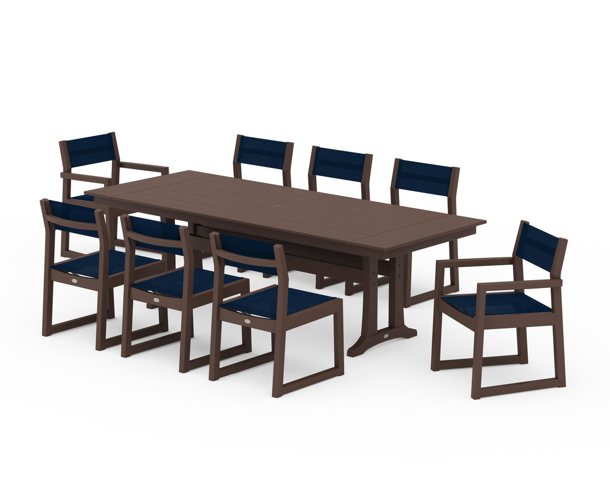 POLYWOOD EDGE Sling 9-Piece Farmhouse Trestle Dining Set in Mahogany / Navy Blue