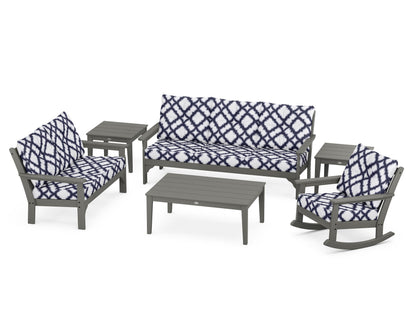 POLYWOOD Vineyard 6-Piece Deep Seating Set with Rocking Chair in Slate Grey / Trellis Navy