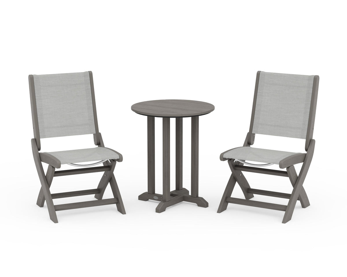 POLYWOOD Coastal Folding Side Chair 3-Piece Round Bistro Dining Set in Driftwood / Metallic