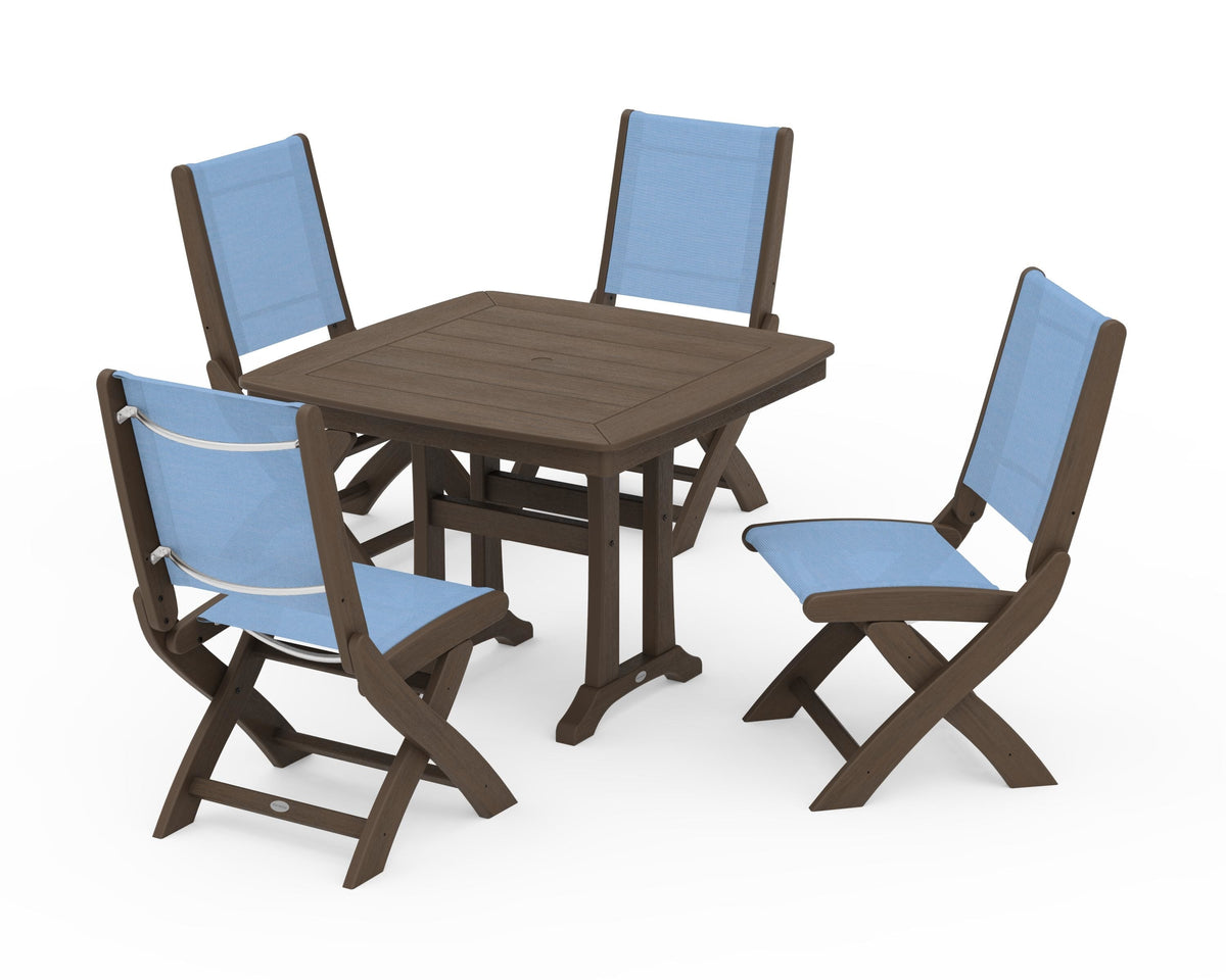 POLYWOOD Coastal Folding Side Chair 5-Piece Dining Set with Trestle Legs in Kona / Poolside