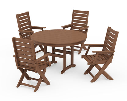 POLYWOOD Captain Folding Chair 5-Piece Round Dining Set in Teak