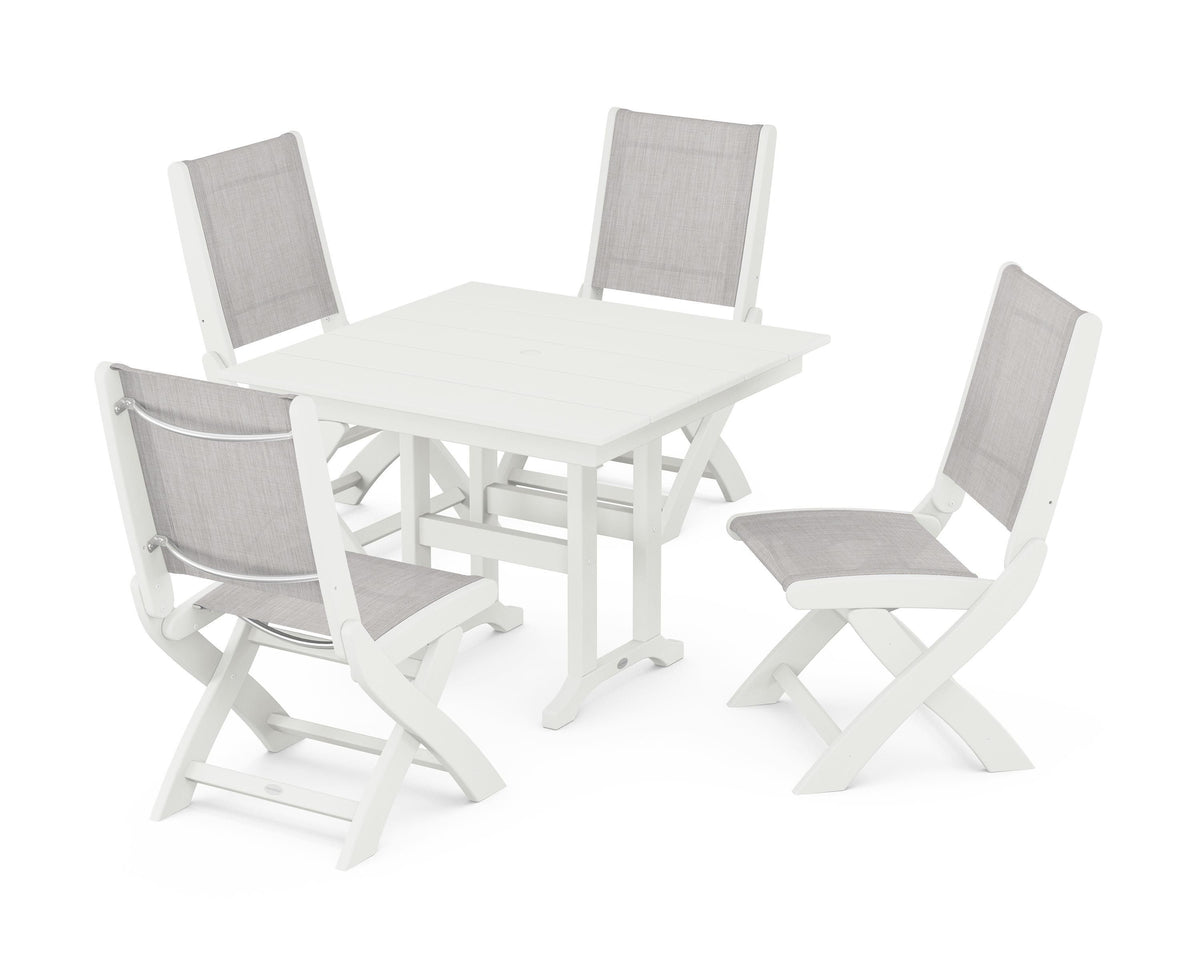 POLYWOOD Coastal Folding Side Chair 5-Piece Farmhouse Dining Set in Vintage White / Parchment