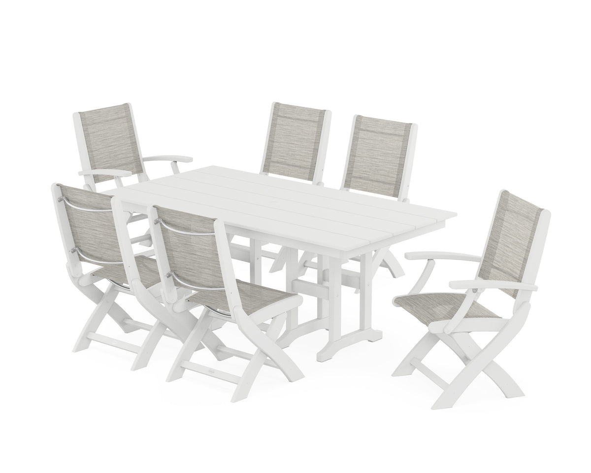 POLYWOOD Coastal Folding Chair 7-Piece Farmhouse Dining Set in White / Birch