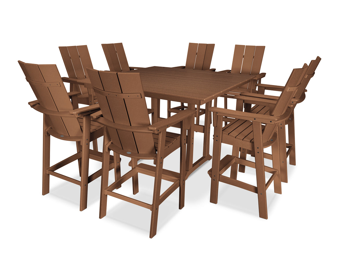 POLYWOOD Modern Curveback Adirondack 9-Piece Farmhouse Trestle Bar Set in Teak