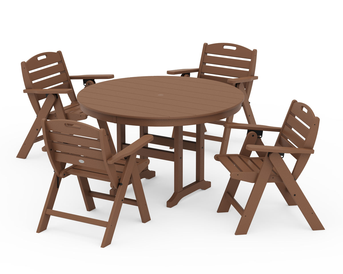 POLYWOOD Nautical Folding Lowback Chair 5-Piece Round Farmhouse Dining Set in Teak