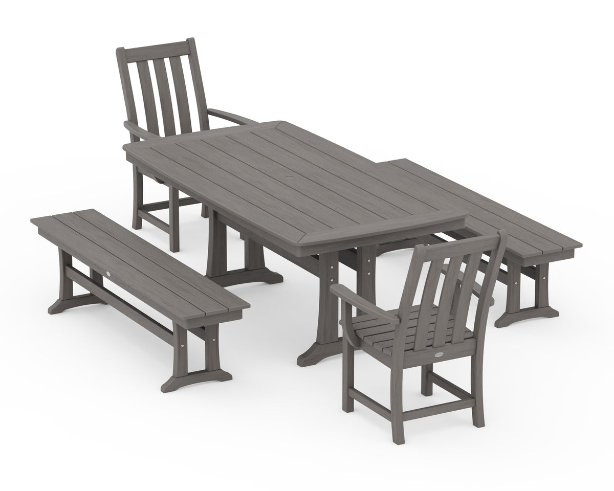 POLYWOOD Vineyard 5-Piece Dining Set with Trestle Legs - 38" x 73" Table in Driftwood