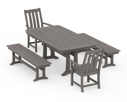 POLYWOOD Vineyard 5-Piece Dining Set with Trestle Legs - 38" x 73" Table in Driftwood