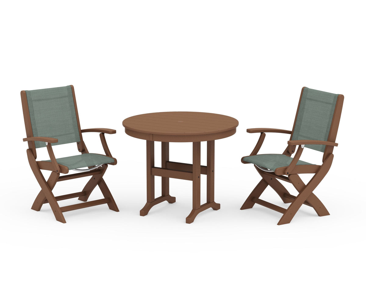 POLYWOOD Coastal Folding Chair 3-Piece Round Dining Set in Teak / Dupioni Sea Mist