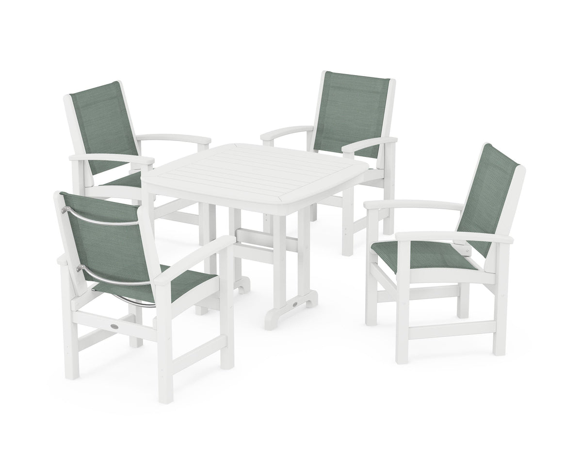 POLYWOOD Coastal 5-Piece Dining Set with Nautical 37" Dining Table in White / Dupioni Sea Mist
